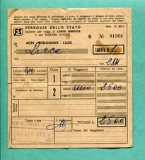 BIGLIETTO FERROVIE DELLO STATO-ACRI-BISIGNANO-LUZZI-LECCE-14-AGO-972