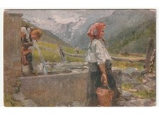 arte in cartolina - L. Bazzaro - Acqua fontis - mamma figlia bambina montagna
