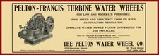 1911 Pelton Water Wheel Co. NUOVA insegna in metallo: Pelton Francis Turbine Water Wheels