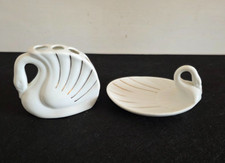 Porta Sapone e Spazzolini Cigno in Porcellana Bianca con Rilievi Dorati Vintage