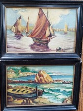 (2) Vintage Original Paintings Spanish Sailboats Beach Water Signed Lopez Pair 