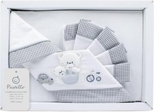 PASTELLO - COMPLETO LENZUOLA CARROZZINA NEONATO RICAMATO COTONE ORSETTO PERLA