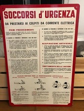 cartello illustr. officina soccorso persone colpite da scossa elettrica vintage