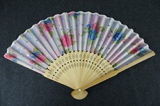 VENTAGLIO in legno di Bambù VINTAGE Design Floreale Da borsetta ROSE ROSA BLU