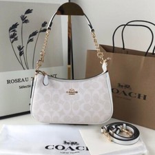 Borsa a tracolla Coach Teri 2 vie CA548 firma tela bianca pelle liscia outlet
