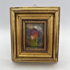 Quadretto antico miniatura ad olio dipinto di fiori cornice in legno dorato 