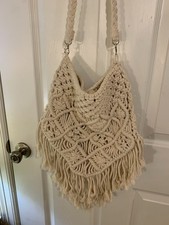 Borsa macramè panna manico lungo taglia media borsa festival con frange ottima qualità