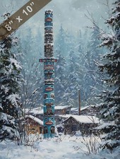 Totem innevato nel villaggio di Tlingit con sfondo foresta 8x10 stampa opaca