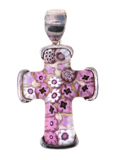 Ciondolo croce vetro rosa e bianco millefiori argento sterling 925 firmato Alan K