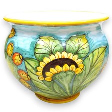 Cachepot Vaso per piante ceramica siciliana, decoro girasoli e ficodindia - in d