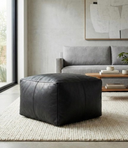 Black leather pouf cover - leather,