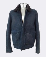 Giacca pelle di agnello Emporio Armani blu shearling prezzo consigliato £ 1380 XL EU56
