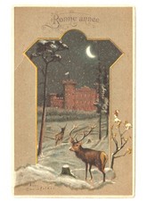 in Rilievo cervi notte castello antica cartolina natalizia Buon Anno Bonne Année