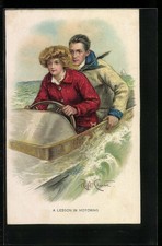 Cartolina artistica firmata R. Chester: donna e uomo in barca 