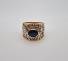 Anello Oro 18Kt Stile Buccellati Traforato Inciso Zaffiro 2.20 Ct Diamanti 1.20c