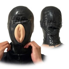 Cappuccio maschera cerniera posteriore lattice gomma con viso vaginale festa cosplay fetish BDSM