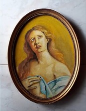 Dipinto Antico Quadro Olio Xx Sec Arte Sacra 44x33 Cm Cornice Ovale Legno Oro