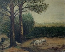 Dipinto A Olio H. Meurs 1929 Paesaggio Con Pecore 35 X 44 Cm