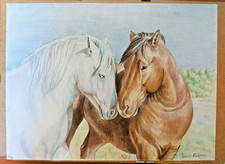 Disegno su carta a matite colorate figure di cavalli paesaggio