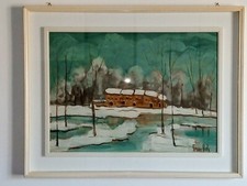 QUADRO DIPINTO AD OLIO FRANZ PORTA PAESAGGIO INVERNALE TAVOLA  50 X 70
