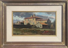 Dipinto olio su tavola, paesaggio con case, XX secolo, Luxardo