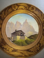 MONTAGNA-DOLOMITI-PALE-BAITA SEGANTINI-INUSUALE DIPINTO SU LEGNO PIROGRAFATO