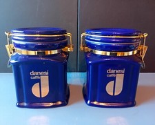 Coppia barattoli vetro "Danesi Caffè" blue oro ermetici pubblicità contenitori