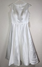 Abito da sposa Mingda's taglia 10 bianco raso midi nuovo con etichetta con scollo a barca