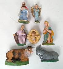Lotto 7 statuine Presepe Epoca Sacra Famiglia Asino Bue Gesso Celluloide Pvc-XXX