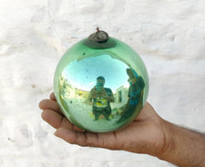 Antico Vetro Verde Sfera 4.9 " Tedesco Kugel Natale Ornamento Alveare Tappo 260