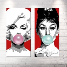Set 2 quadri Pop Art su Tela Dipinto A Mano Sfondo Rosso Marilyn Hepburn