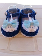 Scarpine neonato stile sandaletto a uncinetto in puro cotone blu e bianco nuove 