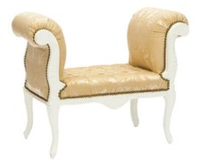 Panca Panchetta In Legno laccata bianca Stile Luigi XVI tessuto damascato giallo