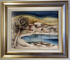 DIPINTO OLIO TELA Brescianini da Rovato PAESAGGIO MARINO BARCHE GOLFO '900