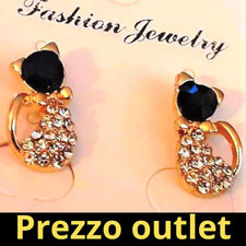Orecchini in oro pl. per ragazza gatto con zirconi strass e pietra nera