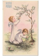 1949 angeli rami albero di ulivo cartolina vintage auguri Buona Pasqua