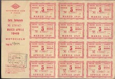 ACI - Carta Carburante Annonaria Marzo 1949 per Motociclo 12 buoni per 5 litri 