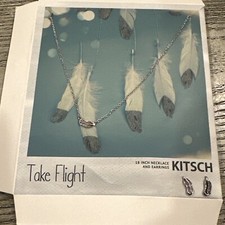 SKITSCH TAKE FLIGHT 18 INCH FEATHER NECKLACE AND Silver Tone EARRINGS