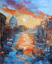 Dipinto Olio Venezia Tramonto 10x12" Canale Texturizzato Opera • Fatto a Mano Originale