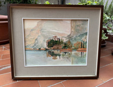 DIPINTO AD OLIO SU CARTONE TELATO - PAESAGGIO ITALIANO - LAGO E MONTAGNA - FIRMA