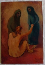 Cesare Pezzali Dipinto Gesù Cristo e due donne 1967 Quadro Olio su tela 60x40 cm