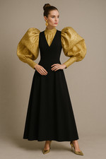 Abito Laura Ashley nero lana crepe maxi scollo a V UK12 EU38 elegante vintage