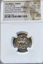 Calabria, Taras Punico Mezzo Siclo Sotto Annibale NGC AU Moneta Antica