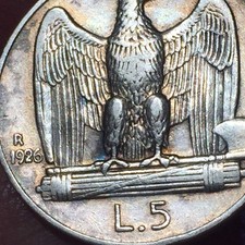 Regno d'Italia Vittorio Emanuele III RARA  5 Lire Aquilino 1926 ARGENTO GRAMMI 5