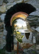 Elmo Romano Medievale In Ottone Con Piuma Nera Replica Vintage Per LARP SCA