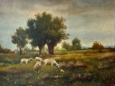 Quadro a Olio Tiermaler Anonimo Paesaggio Con Pecore 29,1 X 39,1 CM Danneggiata