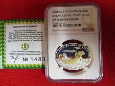Kazakistan Lucertola Phrynocephalus NGC PF70 .999 Placcato Oro .925 Moneta Argento & COA