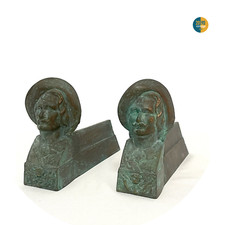 Alari camino antichi coppia set in ghisa Francia XIX reggilibri fermaporta