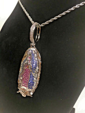 Ciondolo Vergine Maria ghiacciata placcato oro bianco con catena corda acciaio inox 22" 3mm