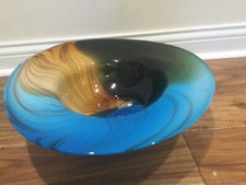 Large hand blown blue swirled  browns Murano style Glass Bowl With Wide  Margin